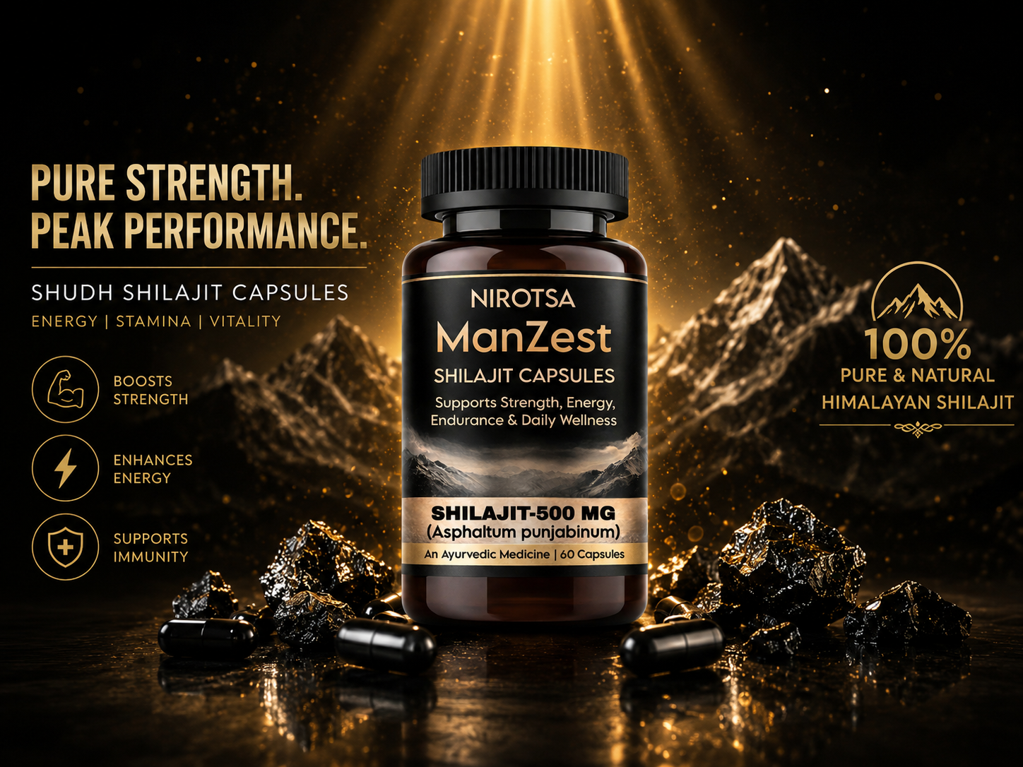 Manzest Shudh Shilajit Ayurvedic Capsules For Men, Stamina, Strength & Performance EBC image 1