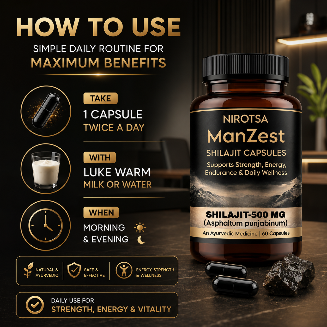Manzest Shudh Shilajit Ayurvedic Capsules For Men, Stamina, Strength & Performance